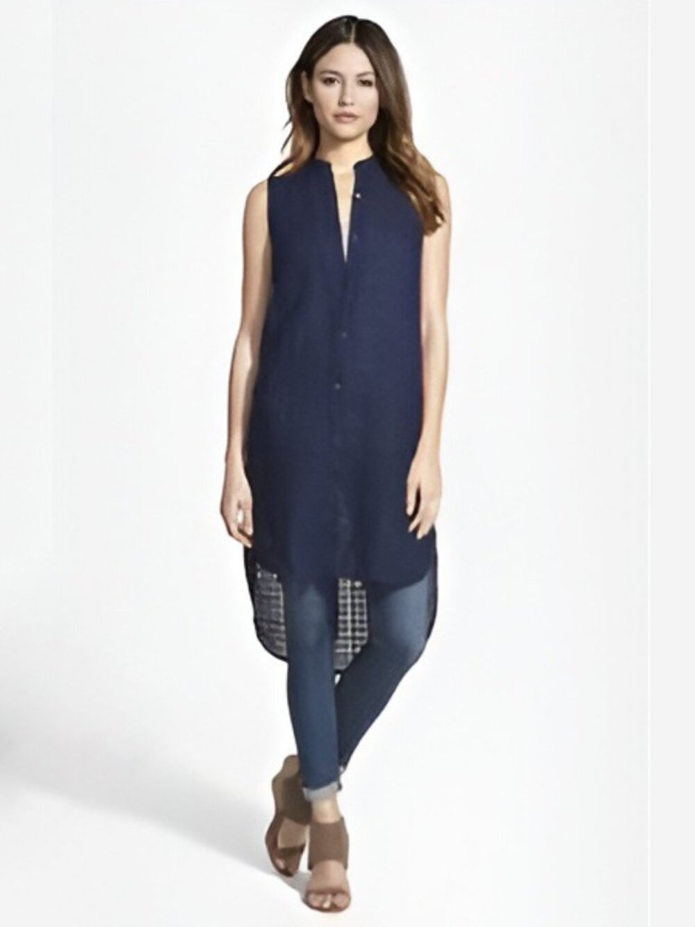 Eileen Fisher Linen Sleeveless Button-Down Tunic Top Navy Medium #A2324